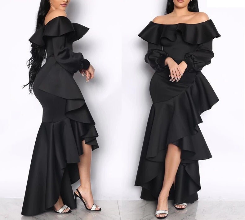 Evening Gowns Work Maxi Dress Elegant Ruffle Dress Shoulder Dress Party  Fashion Off Evening Dress Slit Women's Solid Women's Dress Women Dresses  (Hot