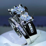 Bling Silver Square Paved Three-stone Wedding Ring Set