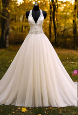 A-Line Bridal Wedding  Dress with V neck and Bling Crystals