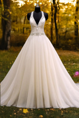 A-Line Bridal Wedding  Dress with V neck and Bling Crystals