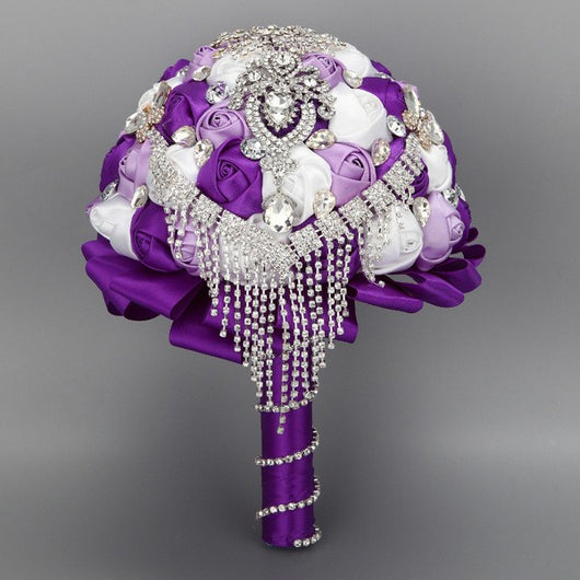 MOJUN Handmade Diamond Rhinestone Brooch Bridal Hold Purple Flowers Wedding  Bouquet