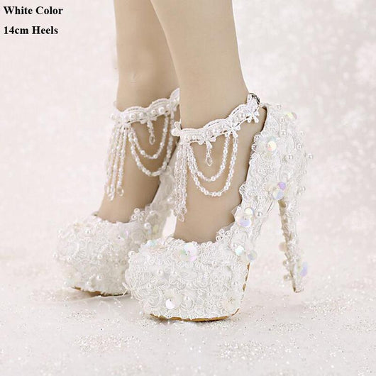 Rhinestone White Lace Wedding Shoes Wedges Ankle Strap Party Dance Pum –  TulleLux Bridal Crowns & Accessories