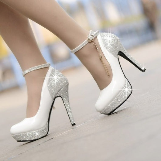 Women Glitter White Gold High Heels Bling Party Wedding Shoes | eBay